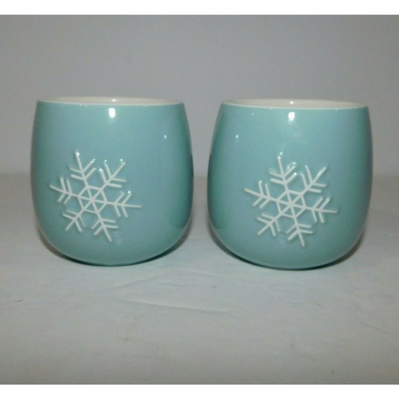 2 Tea Forte AMIE CERAMIC TEACUPS Blue & White Snowflake Design 6 oz UNUSED - Picture 1 of 6